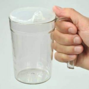 a man holding a clear drinking cup handle with 2 lids