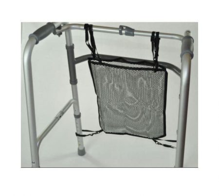 a black mesh net bag for a walking frame or trolley