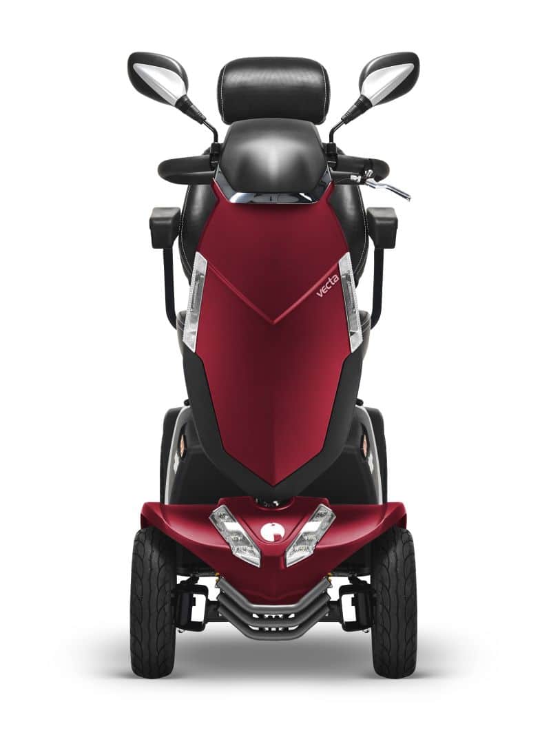 Vecta Sport mobility scooter front on Atomic Red