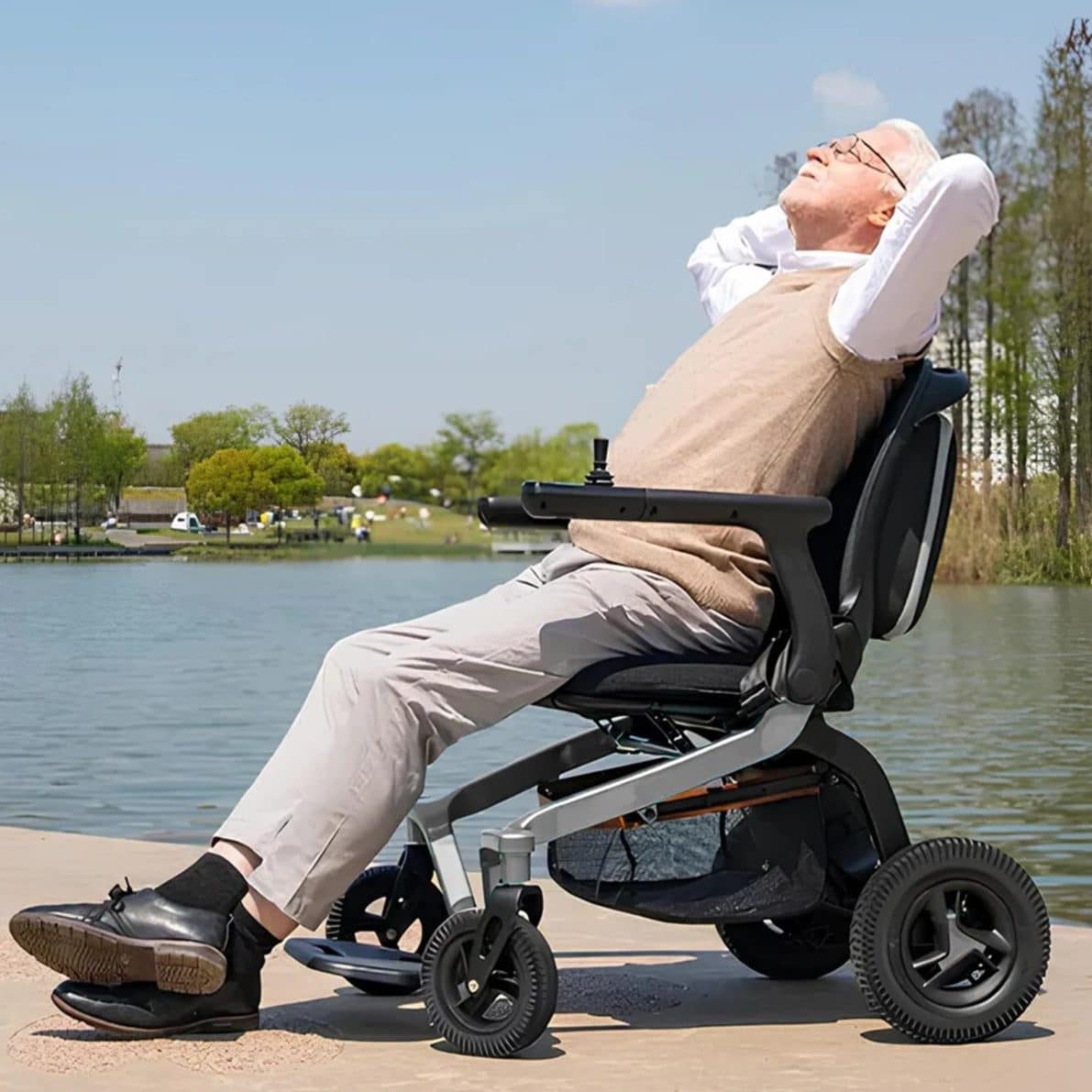 a man relaxed on a powered wheelchair
